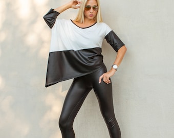 Asymmetric Top Blouse with Black Leather Details / Loose Top / Asymmetric Top / Plus Size Blouse / Plus Size Top / Black & White Top  #35334