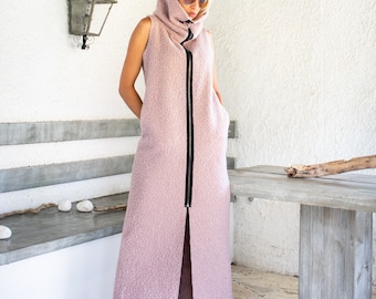 Handmade Wool Blend Boucle Long Vest, Pink Sleeveless Coat, Plus Size