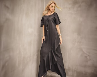 Black Linen Maxi Dress, Plus Size A-Line Summer Dress