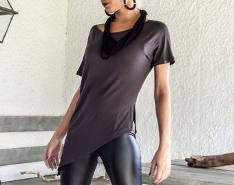Graue Viskose Asymmetrische Bluse, Handgemachtes Plus Size Top