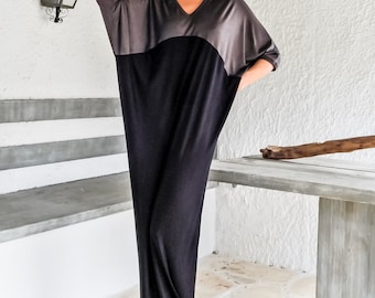 Black & Gray Viscose Maxi Dress, Plus Size Kaftan