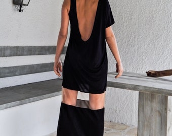 Black Maxi Dress Kaftan with See-Through Details / Open Back Dress / Backless / Black Maxi Dress / Women Black Party Dress / #35065