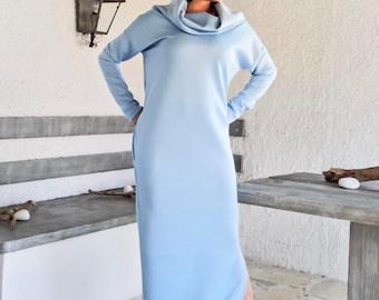 Neoprene Maxi Dress with Pockets / Baby Blue Maxi Dress / Plus Size Dress / Neoprene Dress / Maternity Dress / Long Dress /Turtleneck #35192