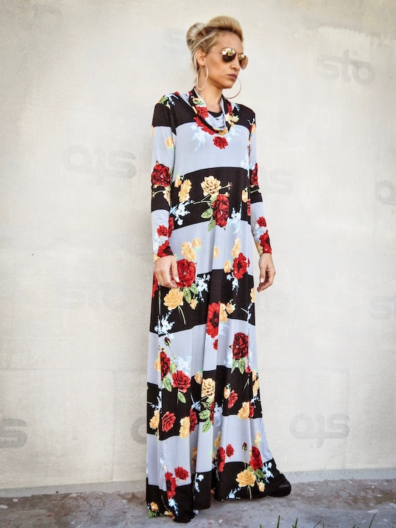 Floral Print Maxi Dress, Long Sleeve Turtleneck With Pockets - Etsy