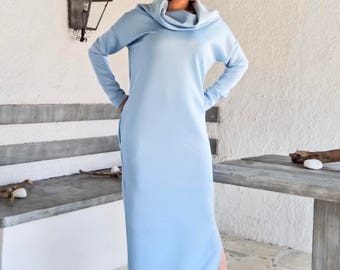 Baby Blue Maxi Dress Kaftan with Pockets / Neoprene Dress / Plus Size Dress / Oversize Loose Dress / Turtleneck Dress / Dress Kaftan #35192