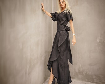 Black Linen Rufflle Maxi Dress, Elegant Party Dress