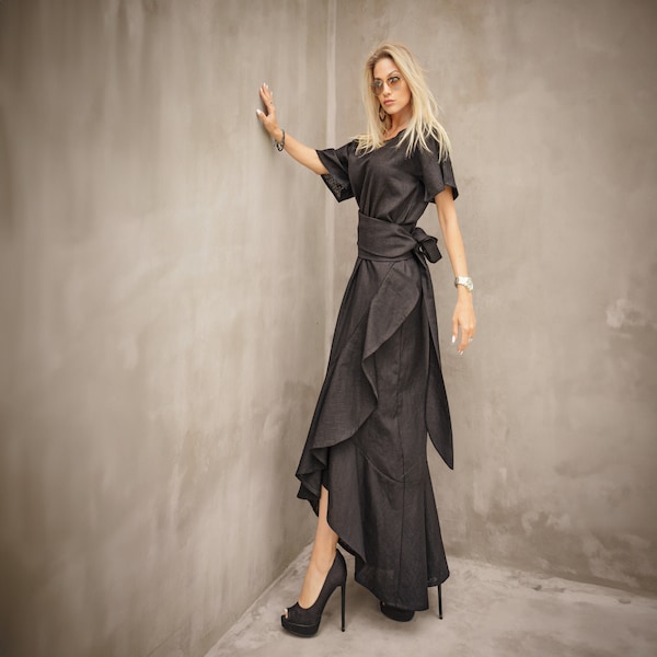 Leinen Maxi Kleid, Schwarzes Leinen Kleid, Sommer Maxi Kleid, Langes Leinen Kleid Frauen, Leinen Kaftan Kleid, Schwarzer Kaftan Leinen Kleid #35390