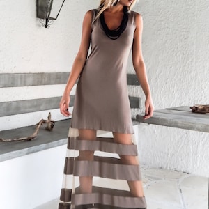 Dark Taupe Maxi Dress with See-Through Details / Plus Size Maxi Dress / Maxi Evening Dress / #35126