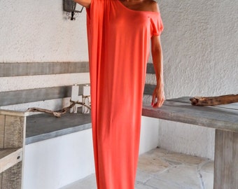 Coral Maxi Dress / Coral Kaftan / Plus Size Dress / Beach Dress / Summer Dress / Beach Kaftan / Plus Size Maxi / Loose Dress / #35085