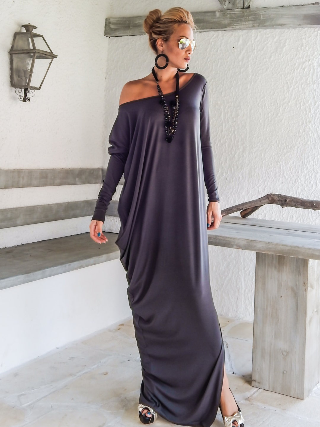 Gray Maxi Long Sleeve Dress / Gray Kaftan / Asymmetric Dress / Plus ...