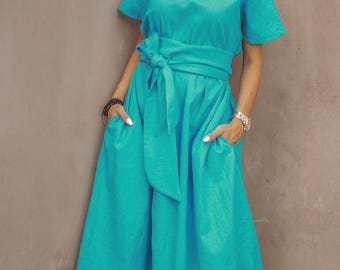 Oversized Linen Smock Dress, Short Sleeves Plus Size Dress #35411