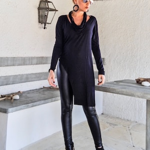 Black Asymmetric Top Blouse  / Black Top Blouse  / Asymmetric Plus Size Blouse / #35205