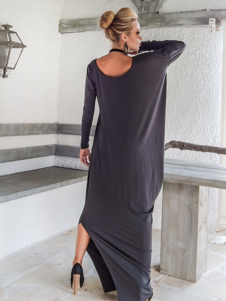 Braunes Maxi Kleid / Maxi Kleid / Kaftan / Langarm Kleid / Winter Kleid / Maxi Kleid / Asymmetrisches Kleid / Kaftan/ 35050 Dark Gray