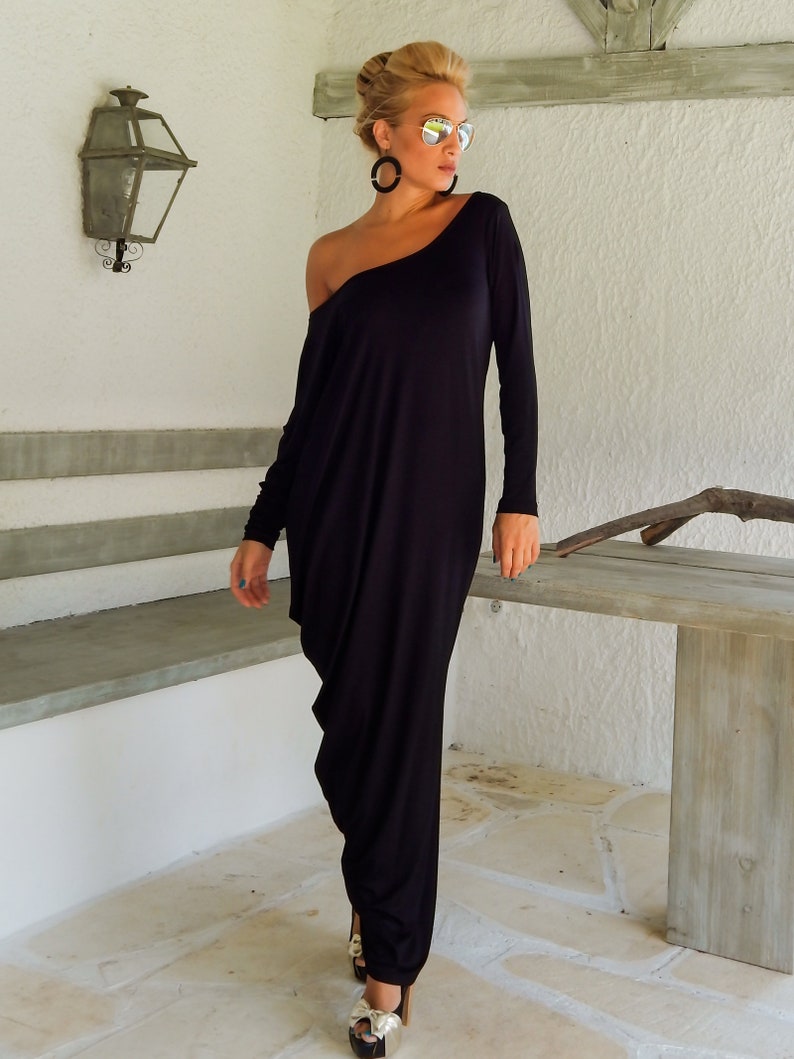 Braunes Maxi Kleid / Maxi Kleid / Kaftan / Langarm Kleid / Winter Kleid / Maxi Kleid / Asymmetrisches Kleid / Kaftan/ 35050 Schwarz