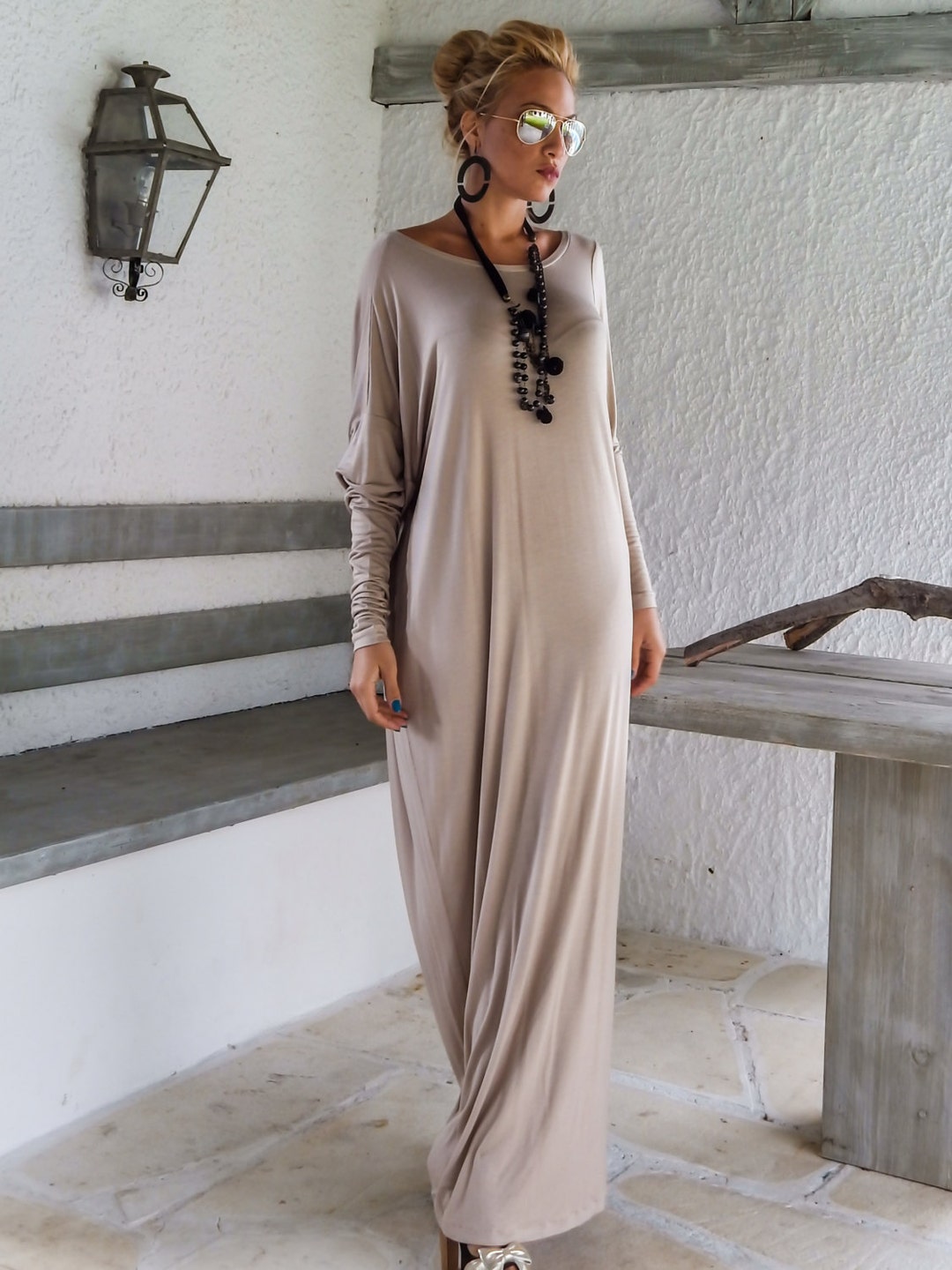 Beige Maxi Long Sleeve Dress / Maxi Dress / Plus Size Women / Women ...