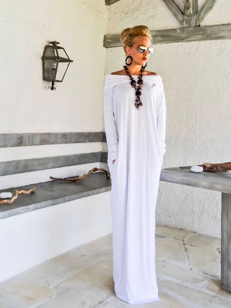 White Maxi Long Sleeve Turtleneck Dress with pockets / White Etsy