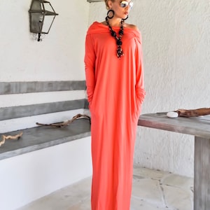 Coral Maxi Long Sleeve Dress With Pockets / Coral Kaftan / - Etsy