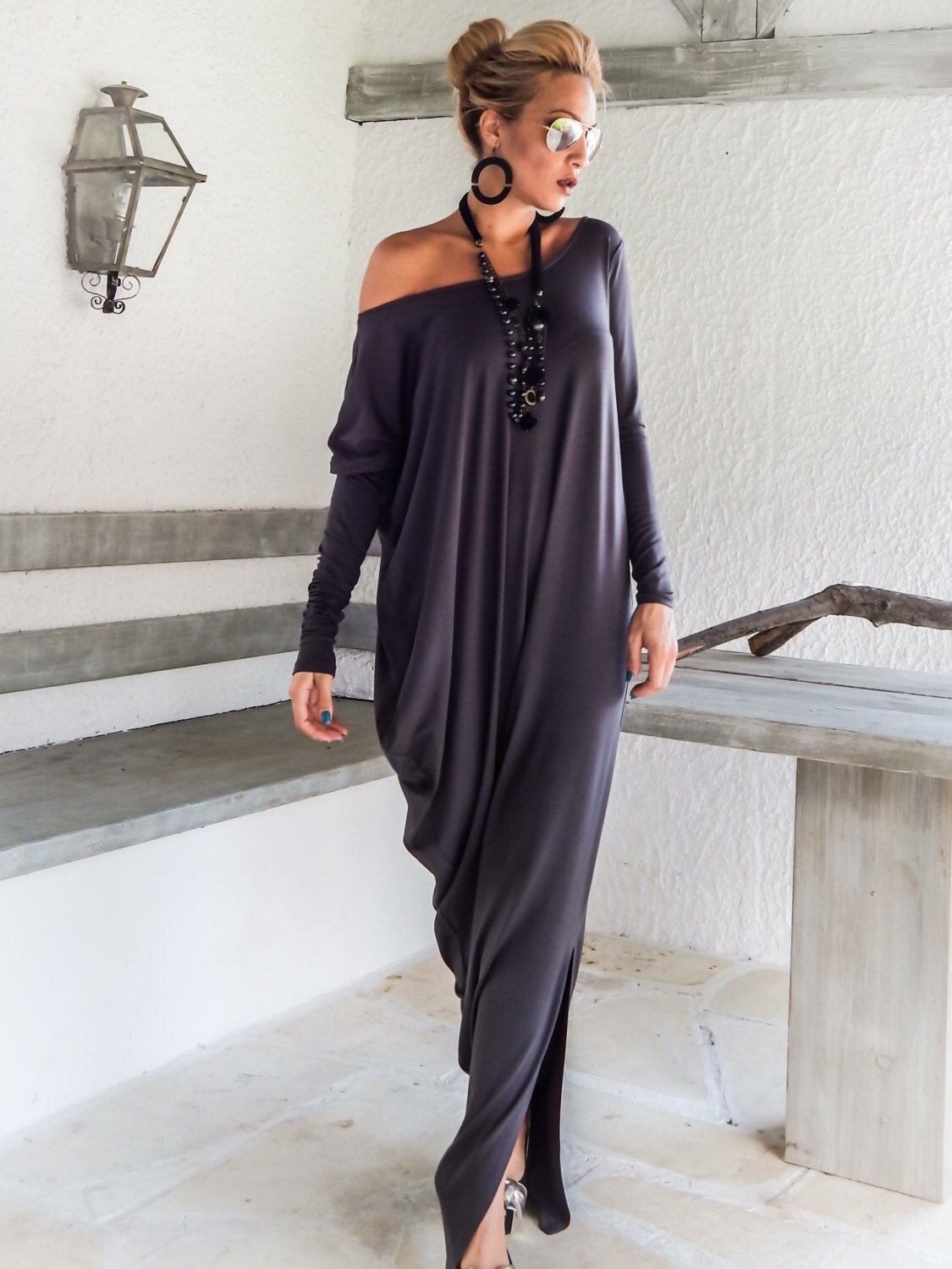 Gray Maxi Long Sleeve Dress / Gray Kaftan / Asymmetric Maxi - Etsy