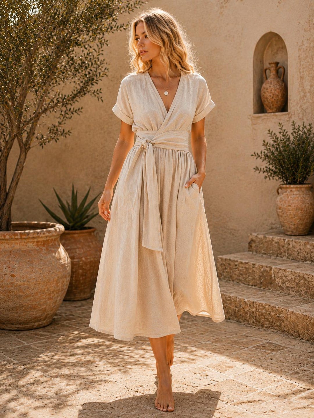Beige Linen Wrap Dress for Women, Midi Summer Dress With Pockets, Boho Linen Cottagecore Dress, Greek Island Dress, Loose Fit Dress