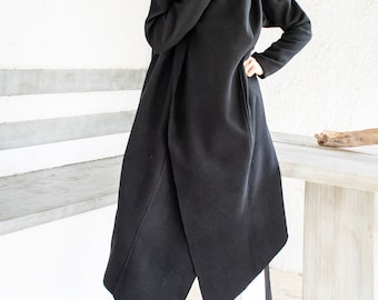 NEUER schwarzer Winter Woll-Touch-Mantel / Plus Size Asymmetrischer Kapuzenmantel #35359