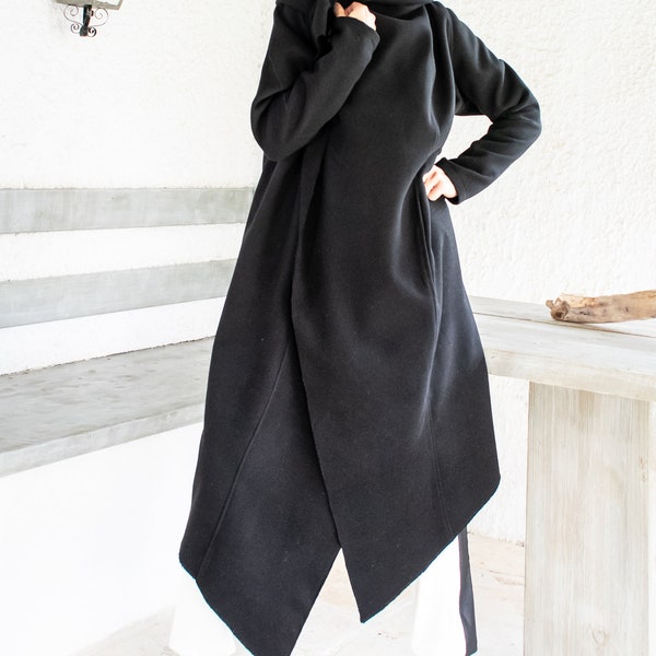 NEW Winter Cashmere Coat / Black Winter Coat / Plus Size Coat /Hoodie Coat / Hooded Jacket / Winter Cardigan / Asymmetric Coat /  #35359