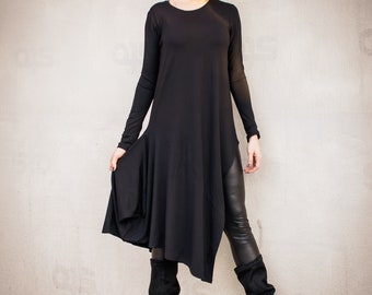 Black Asymmetric Viscose Tunic, Long Sleeve Plus Size Top  #35309