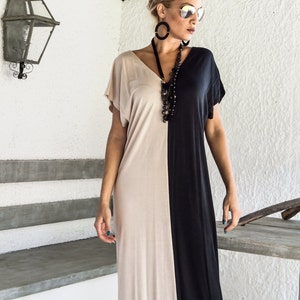 Black & Beige Colorblock Maxi Dress / Black Kaftan / Asymmetric Plus Size Dress / Oversize Loose Dress / #35033