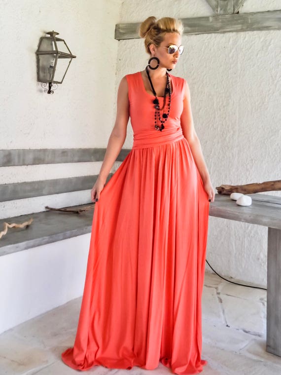 Coral Maxi Dress / Dress With Belt / Plus Size Dress / - Etsy