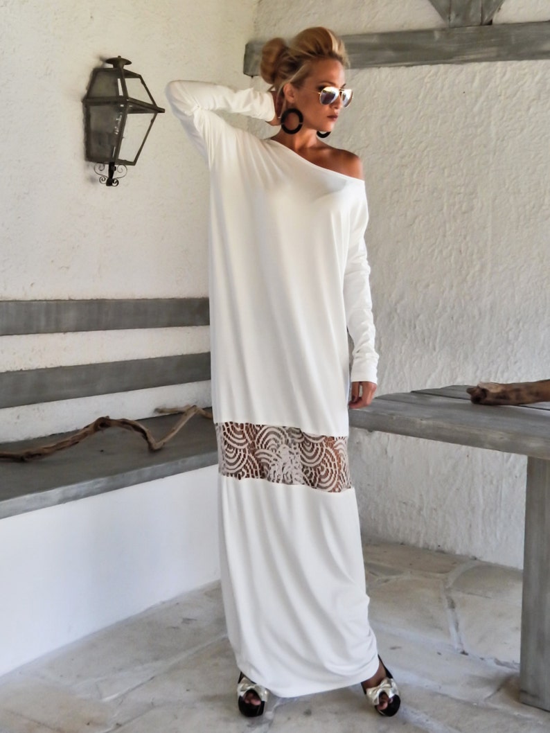 Ivory Maxi Dress Kaftan With Lace Mesh Details / Asymmetric - Etsy