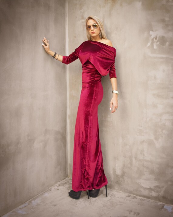 open lace back dress Designer Gown in Velvet Long Sleeve Maxi in Maroon Velvet main image 1