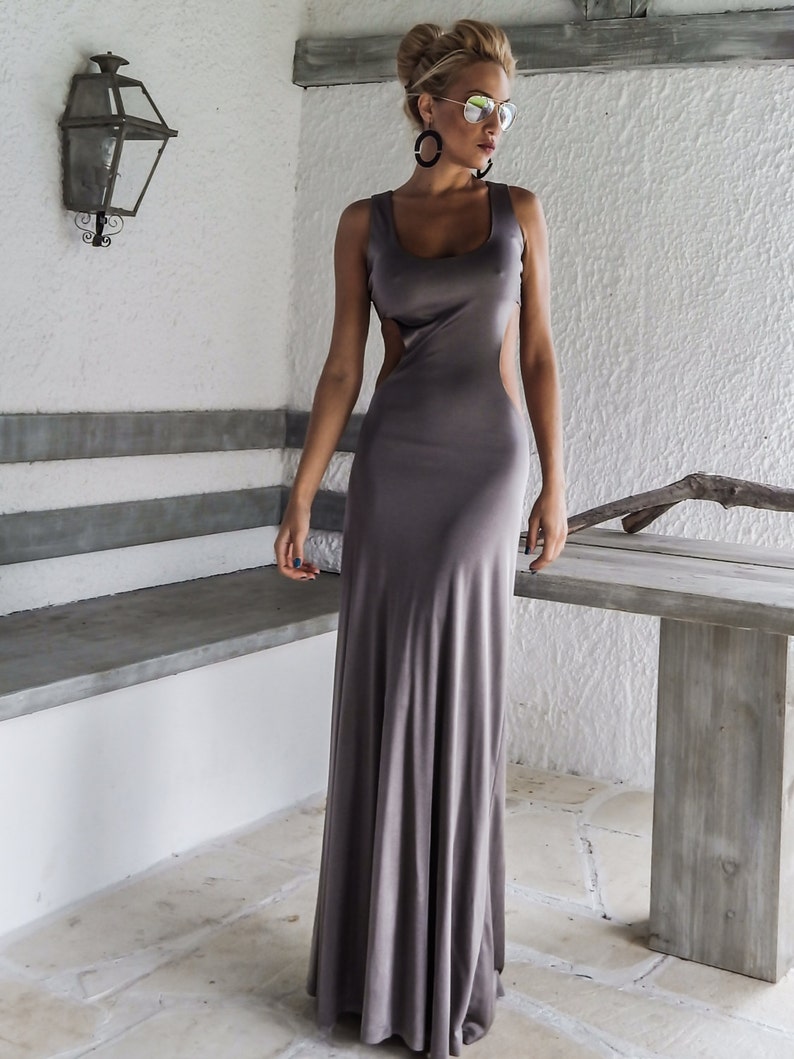 Silver Gray Shiny With Cut Out Details Open Back Maxi Dress   image 4