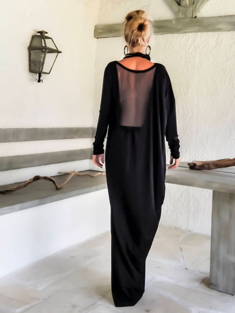 Black Maxi Dress, Open Back Viscose Gown with Slit image 2