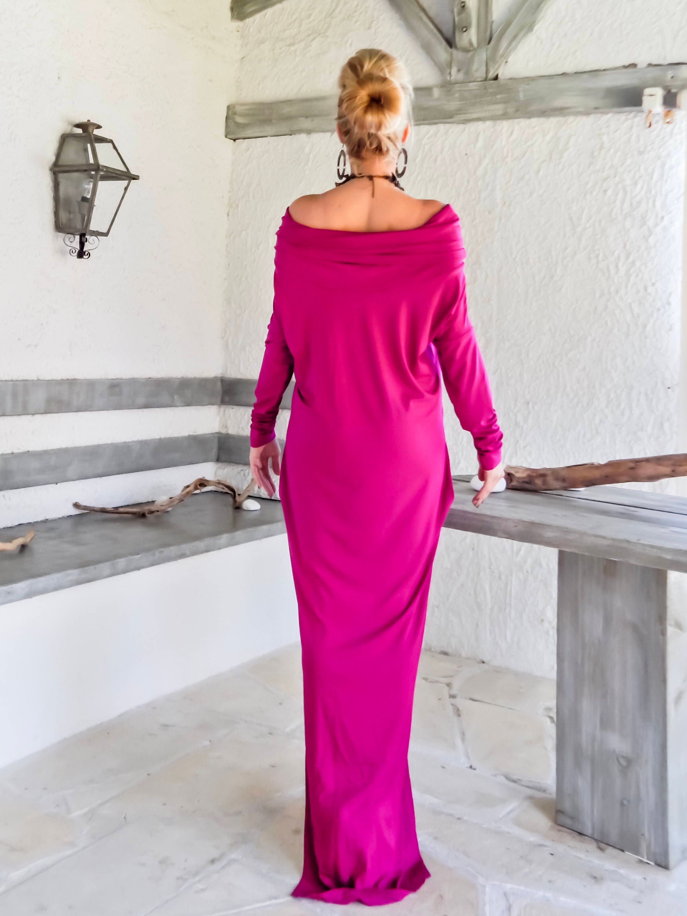 Magenta Maxi Long Sleeve Turtleneck Dress with pockets / | Etsy