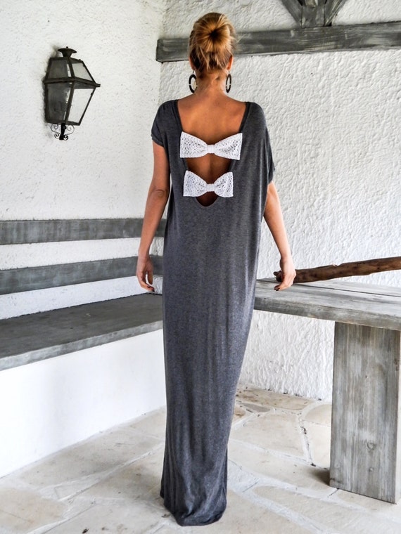 Dark Gray Open Back Bow Maxi Dress Kaftan / Asymmetric Open Back Bow Dress / Oversize Loose Dress / #35080
