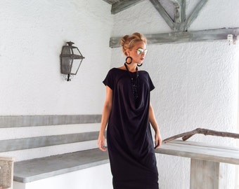 Black Viscose Maxi Dress, Plus Size Kaftan Draping Dress