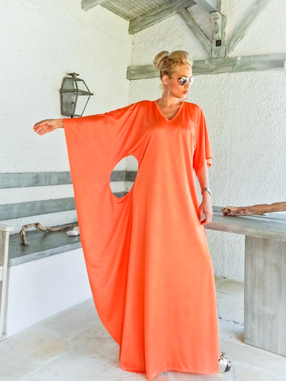 Orange Crystal Jersey Kaftan Maxi Dress, Plus Size Caftan