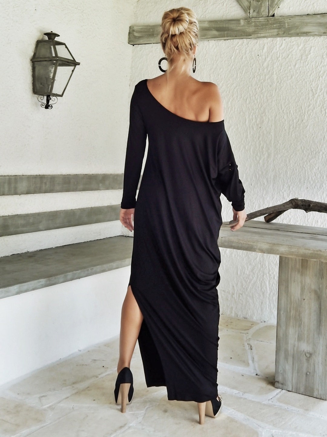 Black Maxi Long Sleeve Dress / Black Kaftan / Asymmetric Plus Size ...