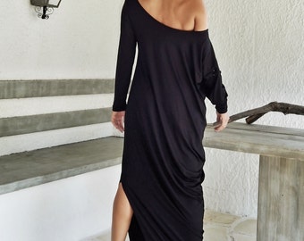 Black Maxi Long Sleeve Dress / Black Kaftan / Asymmetric Plus Size Dress / Plus Size Maxi Dress / Black Maxi Dress / Draping Dress / #35030