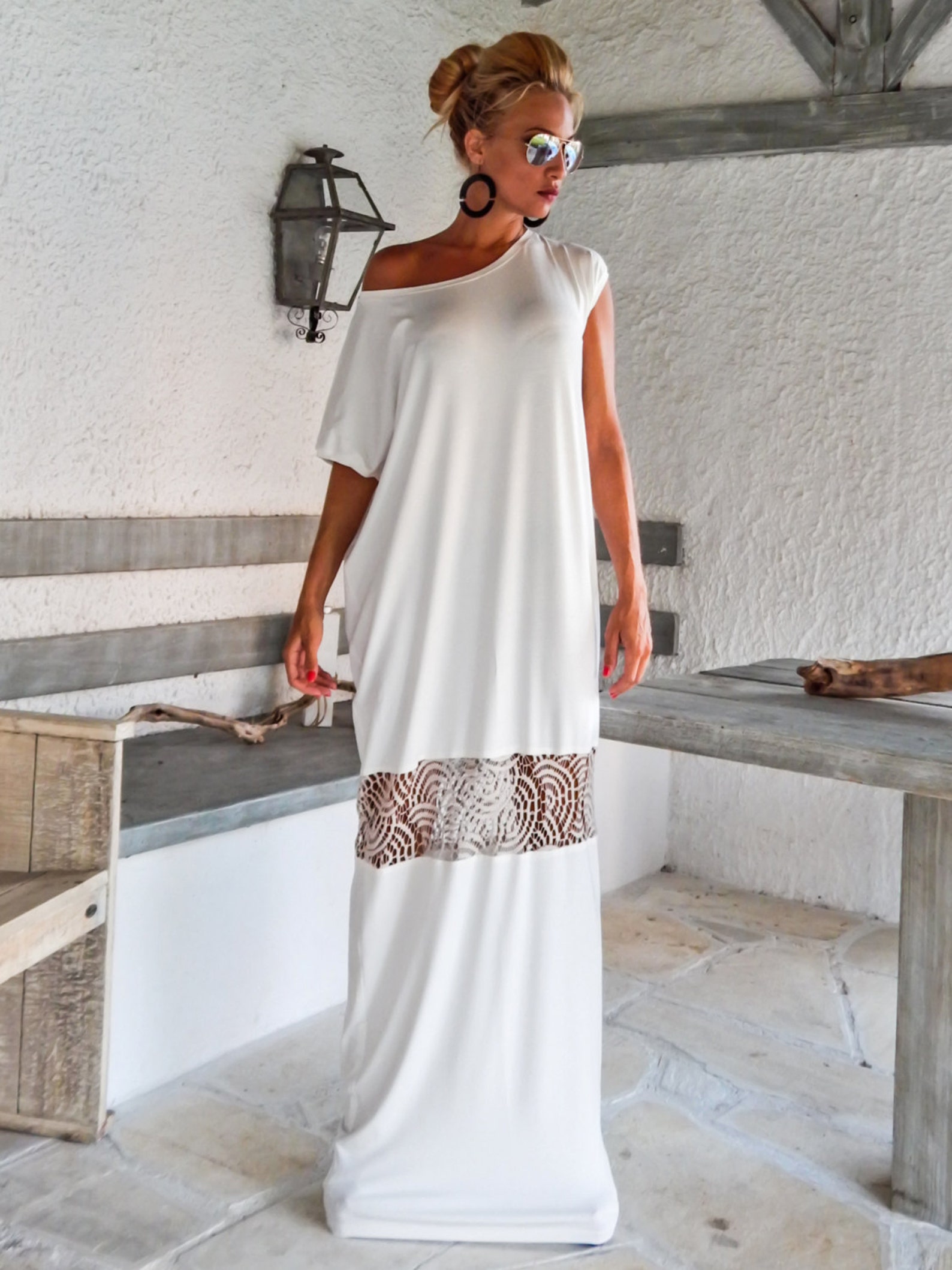Ivory Maxi Dress Kaftan With Lace Mesh Details / Asymmetric Etsy