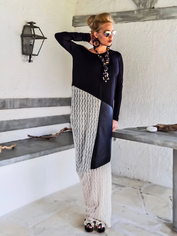 Asymmetric Maxi Dress with Faux Leather and Lace