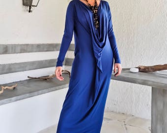 Blue Maxi Dress / Long Sleeve Dress / Drape Dress / Plus Size Dress / Kaftan / Asymmetric Dress / Maternity Dress / Loose Dress / #35208