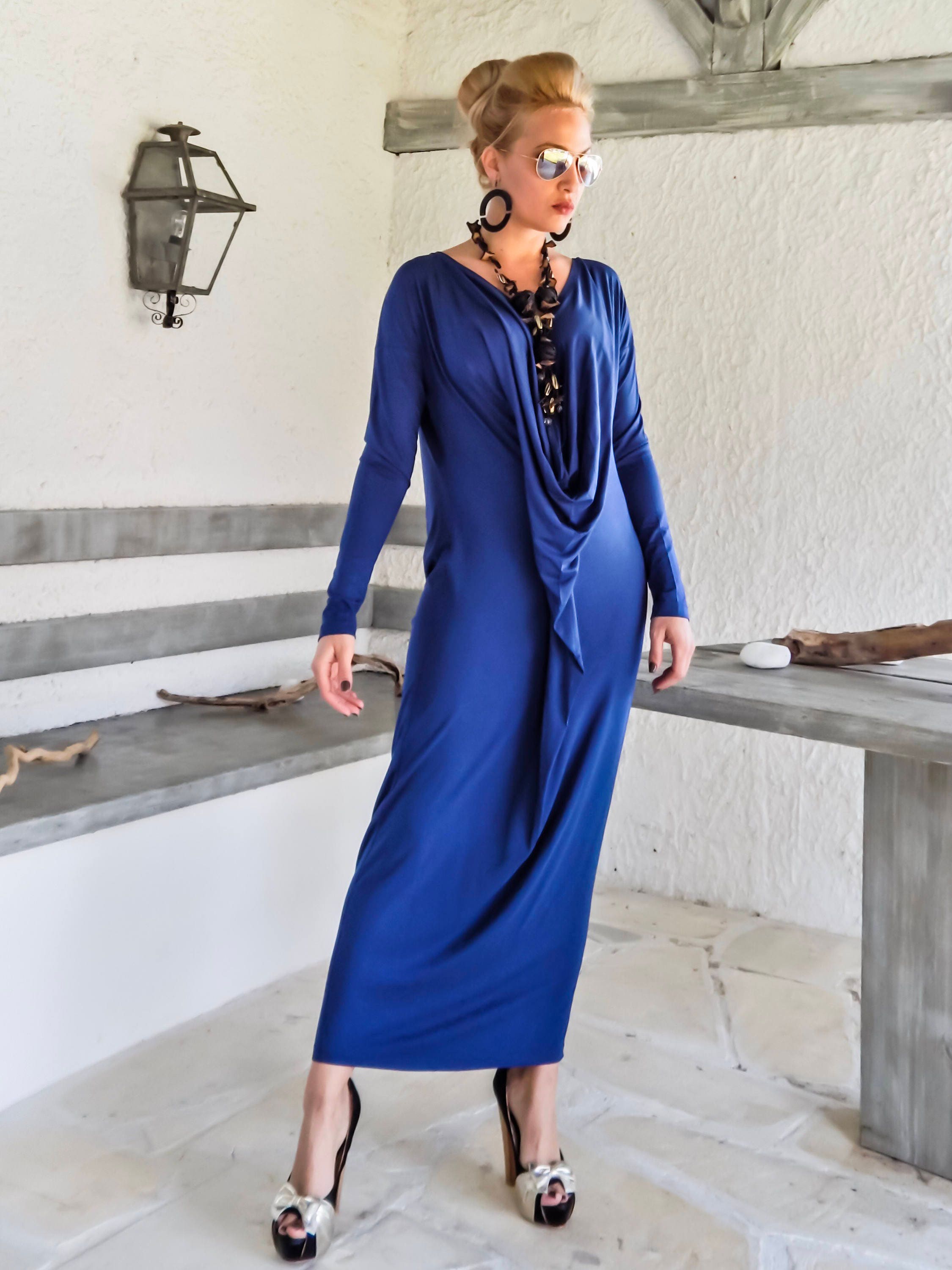 Long-Sleeve Draped Maxi Dress with Knot Detail - Blue main image 1
