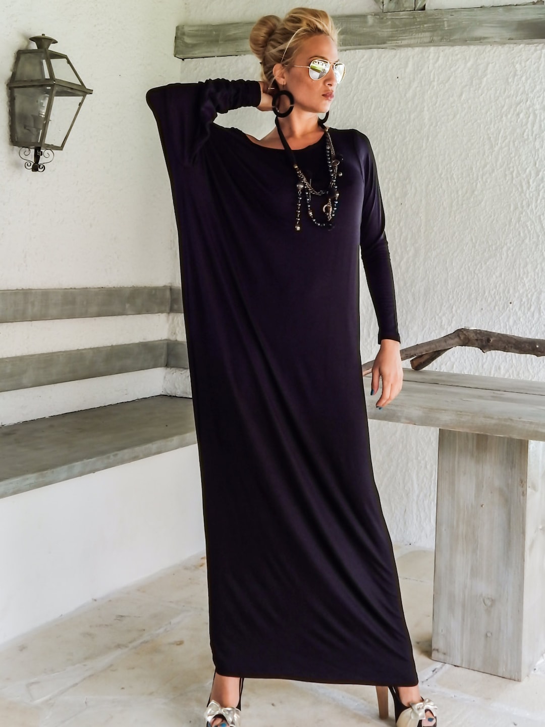 Black Maxi Long Sleeve Dress / Black Kaftan / Asymmetric Plus - Etsy