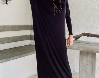 Schwarzes Maxi Kleid mit langen Ärmeln / Schwarzer Kaftan / Asymmetrisches Kleid in Übergröße / Lockeres Oversize Kleid / #35046