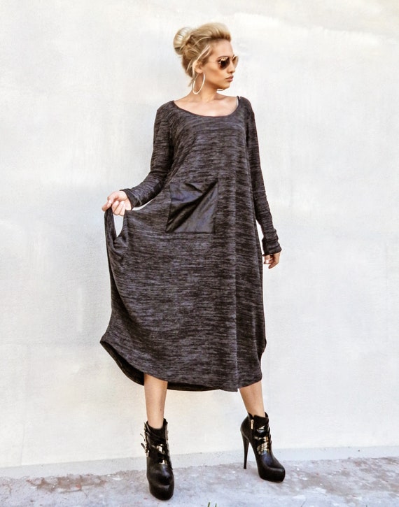 Handmade Long Sleeve Maxi Dress: Thick Jersey Knit, Plus Size Pocket Dress