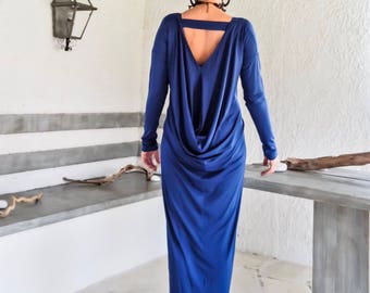 Blue Maxi Dress / Long Sleeve Dress / Drape Dress / Plus Size Dress / Kaftan / Asymmetric Dress / Maternity Dress / Loose Dress / #35208