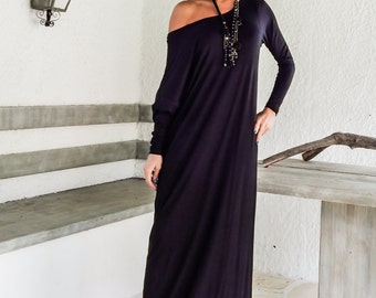 Vestido Maxi negro / Kaftan negro / Vestido de talla grande / Vestido asimétrico de talla grande / Vestido suelto de gran tamaño / Vestido de manga larga #35046