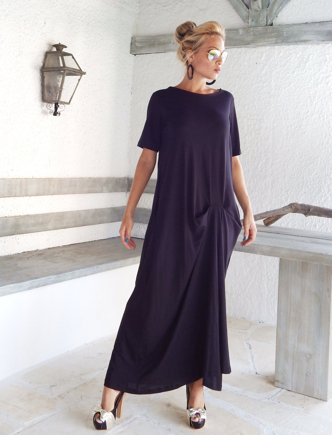 Kaelyn Asymmetric Neck Knit Maxi Dress Black