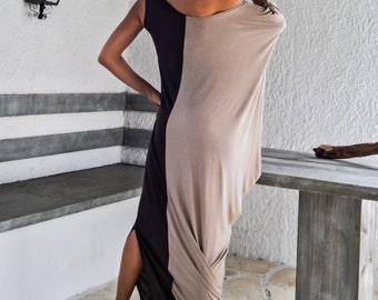 Gray & Beige Maxi Dress / Women Summer Dress / Women Maxi Dress with Slit / Kaftan / Asymmetric Dress / Loose Maxi Dress / #35069