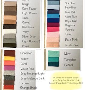 May include: A color chart displaying fabric swatches in various shades including black, white, beige, taupe, brown, blue, pink, green, and red. Each swatch is labeled with its corresponding color name. A note indicates unavailable colors.